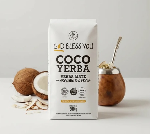 Yerba Mate con ESCAMAS de COCO x 500gr GOD BLESS YOU