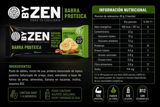 Caja barra proteica banana miel almendra mani x 12 u by zen